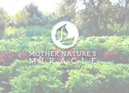 Mother Nature's Miracle organic farm logo over rows of greens, a produce partner of Jackie Rey's Kona.