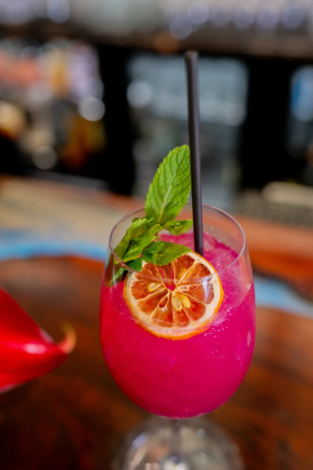 Ocean Dragon at Jackie Rey's Ohana Grill, Ocean vodka, elderflower liqueur, dragon fruit, lemon, Mio sparkling sake.